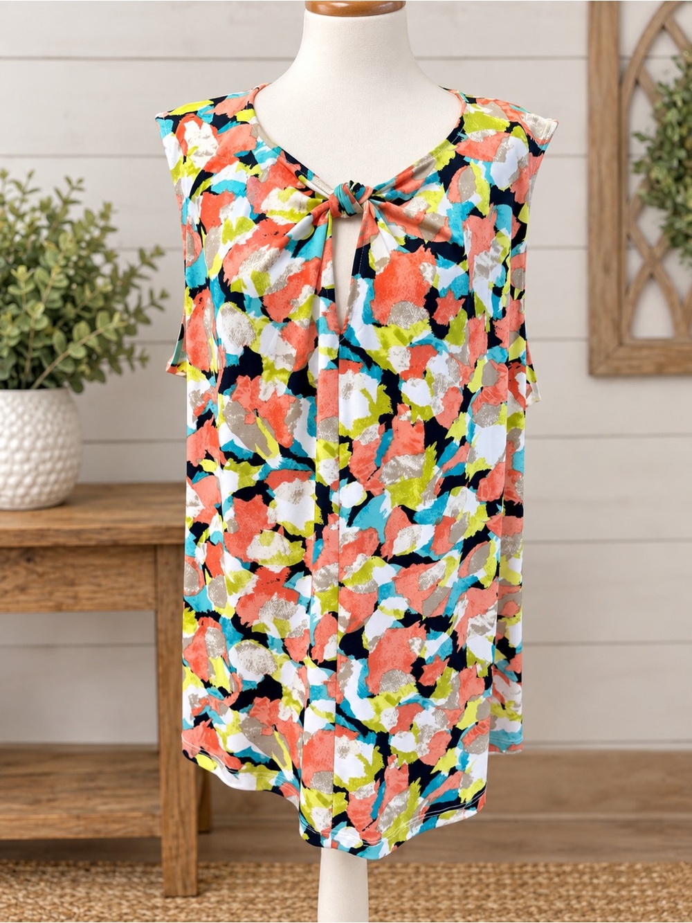 Kasper Coral Multi Tie-Neck Sleeveless Blouse